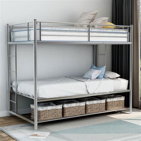 EUROCO Metal Twin Over Twin Bunk Bed Frame With Storage Shelf, Silver ...