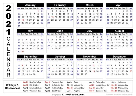 2021 Calendar With Holidays Printable Word Pdf - Riset