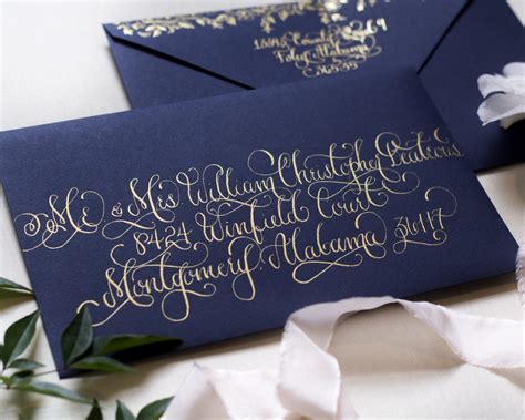 Regal Navy and Gold Foil Calligraphy Wedding Invitations