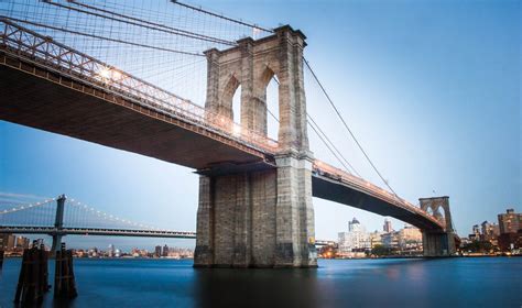 Free Photo: Brooklyn Bridge over East River at Sunset with Lights