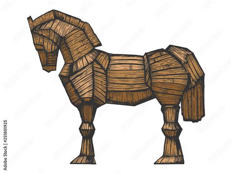 Trojan horse color sketch engraving vector illustration. Horse wooden ...