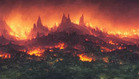 Wide view of a burning medieval village destroyed by | Stable Diffusion