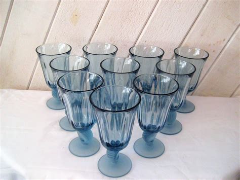 Blue Stemmed Drinking Glasses, Vintage Water Glasses, Set of Twelve 8 ...