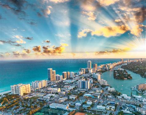 Miami Beach Buildings and Canals, Aerial Sunset View Stock Photo ...