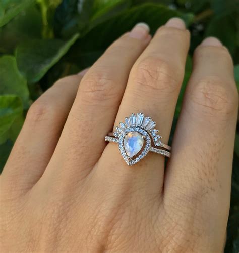 Moonstone Vintage Halo Pear Engagement Ring Set-Moonstone Teardrop Deco ...