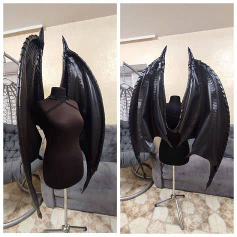 two photos of a mannequin with black wings on it's head and torso