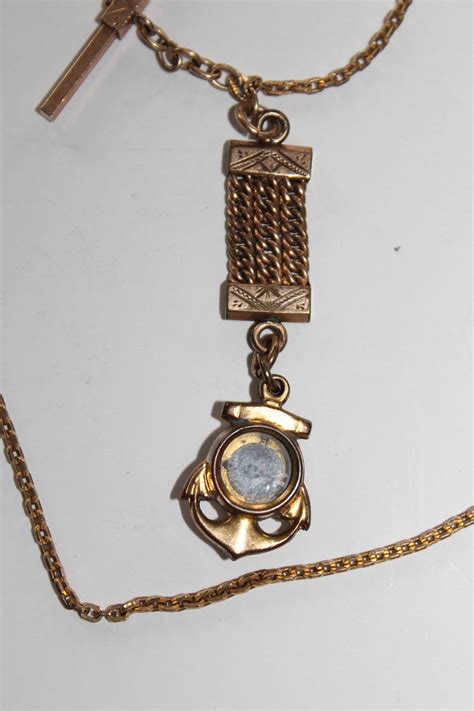 Antique Pocket Watch Chain w/ Compass & Black Stone Fob 14K Gold Plate