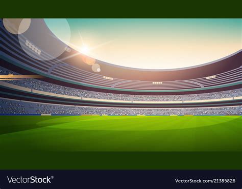 Empty football stadium field view sunset flat Vector Image