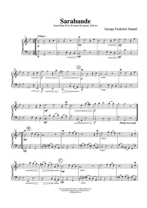 Sarabande - from Suite #4 in D minor for piano, 2nd set" Sheet Music ...