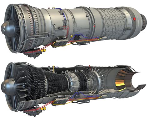 Complete and Sectioned Afterburning Turbofan Engine 3D