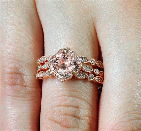 2 carat Morganite and Diamond Trio Wedding Bridal Ring Set in 10k Rose ...