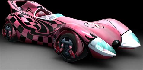 a pink and black car with checkered design on it's body is shown