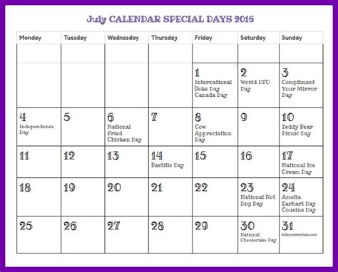 July Calendar of Special Days and Holidays for Curriculum Planning ...