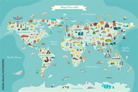 Landmarks world map vector cartoon illustration. World vector poster ...