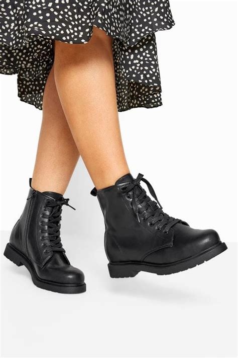 Black Vegan Faux Leather Lace Up Ankle Boots In Wide E Fit & Extra Wide ...