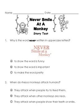 Never Smile at a Monkey Story Test by Melissa Kalt | TPT