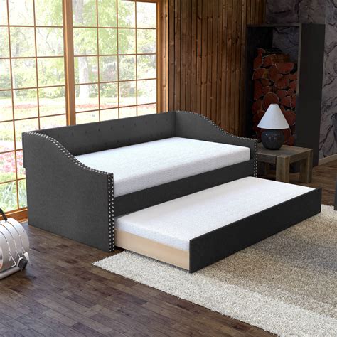 Premier Vermont Black Upholstered Tufted Daybed with Trundle Bed, Twin ...