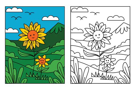 lindo girasol en hermoso paisaje página para colorear para niños dibujo ...