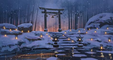 1080P, forest, lake, winter, snow, lantern, anime, torii, Surendra ...