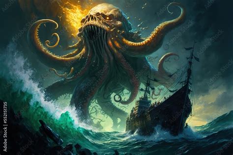 A giant Kraken monster attacking a pirate ship, blue ocean, generative ...