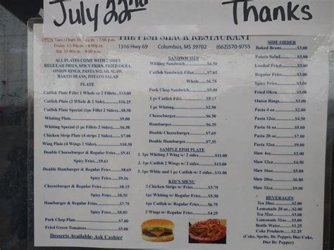 Menu at The Fish Shack restaurant, Columbus, 191-115 Tuscaloosa Rd