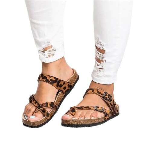 MUQGEW Casual Beach Sandals Women Retro Women's Leopard Flat Ankle ...