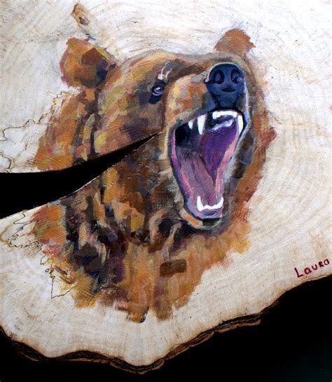 brown bear in acrylic paint on a wood slice | Painting, Painting on ...