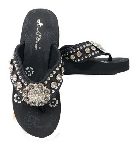 Montana West - Tooled Rhinestone Wedge Flip Flops - Black - 6 - Walmart ...