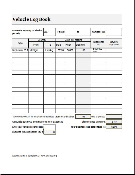 Vehicle Log Book Template For MS EXCEL And Calc | Document Hub | Book ...