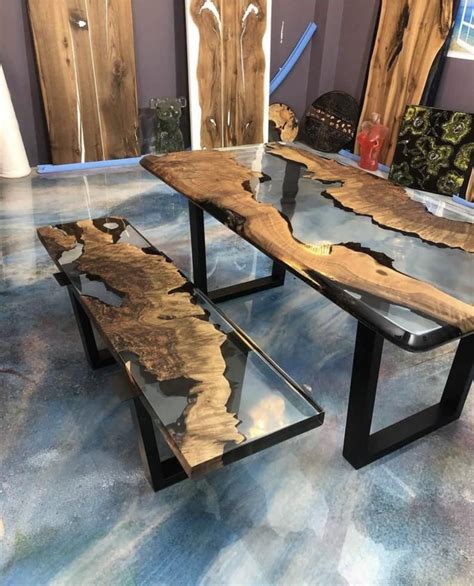 Table en résine epoxy claire sur commande avec banc table à | Etsy Wood ...