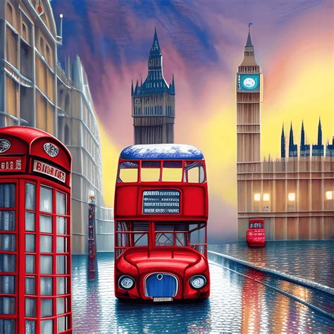 Ultra Detailed Whimsical London Red Bus Muted Pastel Watercolor ...