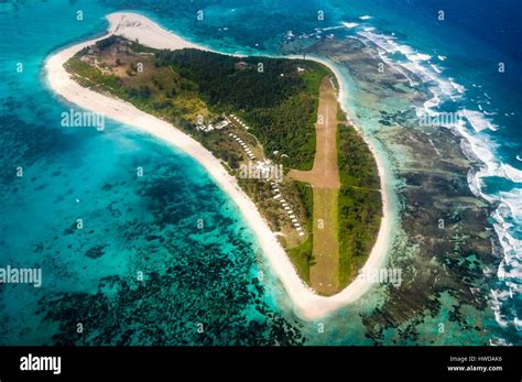 Seychelles, Bird Island, the island, its lodge and its lagoon (aerial ...