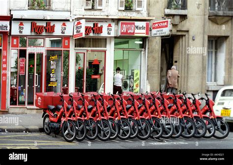 Pizza delivery bikes lined up outside Pizza Hut in Paris France Stock ...