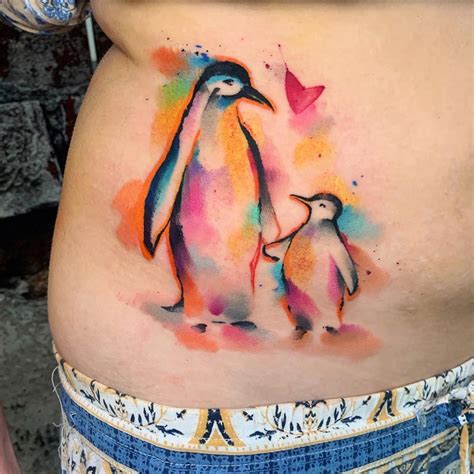 Penguin Mom & Baby - Watercolor Tattoo