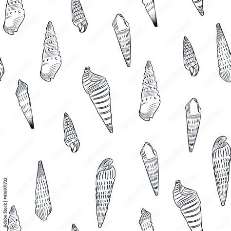 seashells seamless pattern. black and white wallpaper. marine design ...