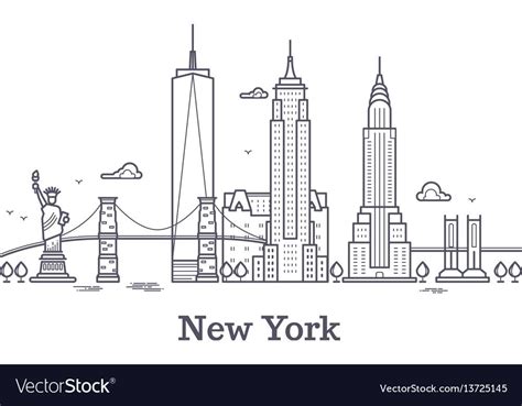 New York city outline skyline, nyc line silhouette, usa tourist and ...