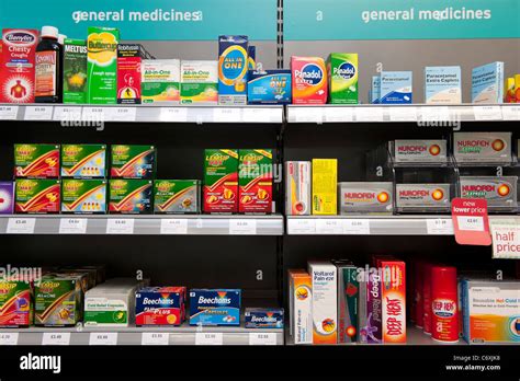 Medicines including common cold remedies, on a shelf in a UK chemist ...