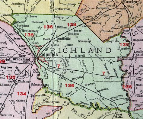 Richland County, South Carolina, 1911, Map, Rand McNally, Columbia ...