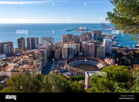 Malaga view from Parador de Málaga Gibralfaro, and bullring, Andalucia ...