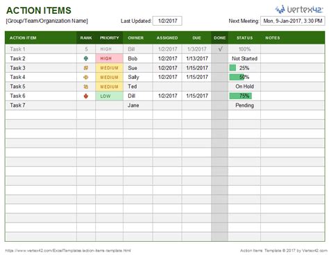 Screenshot of the Action Items Template in Excel | Meeting notes ...