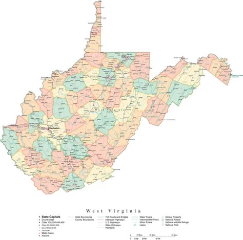 State Map of West Virginia in Adobe Illustrator vector format. Detailed ...