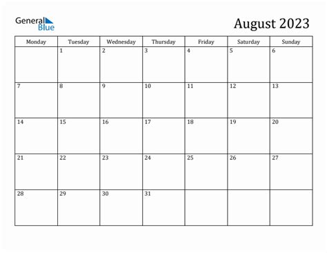 August 2023 Monday Start Calendar (PDF, Excel, Word)