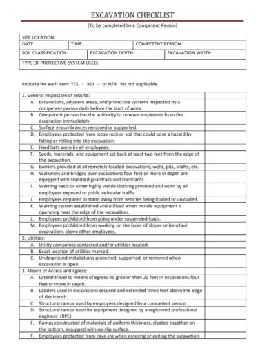 Excavation Safety Checklist