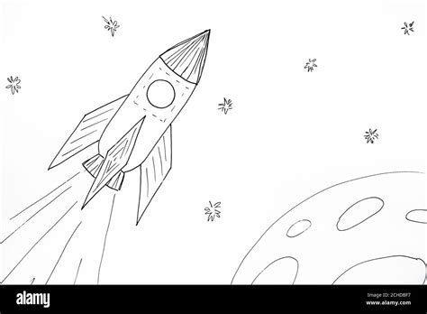 Rocket in space. Black and white. Hand drawing made by black pen Stock ...