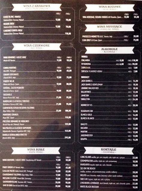 Menu at Moo Moo steakhouse, Kraków