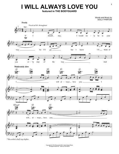 I Will Always Love You Sheet Music | Whitney Houston | Piano, Vocal ...