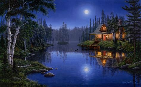 HD wallpaper moonlight serenade mark daehlin forest lake light house ...