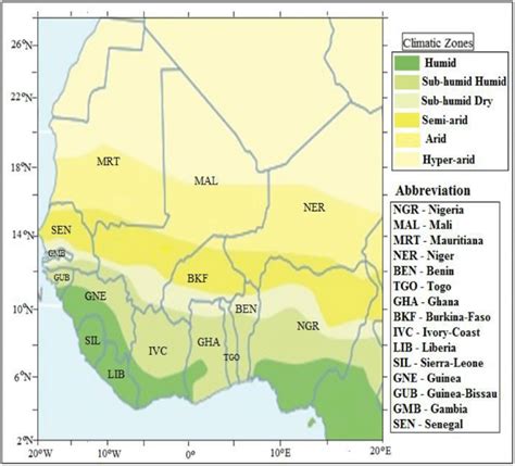 A map of West Africa showing six climatic regions and their respective ...