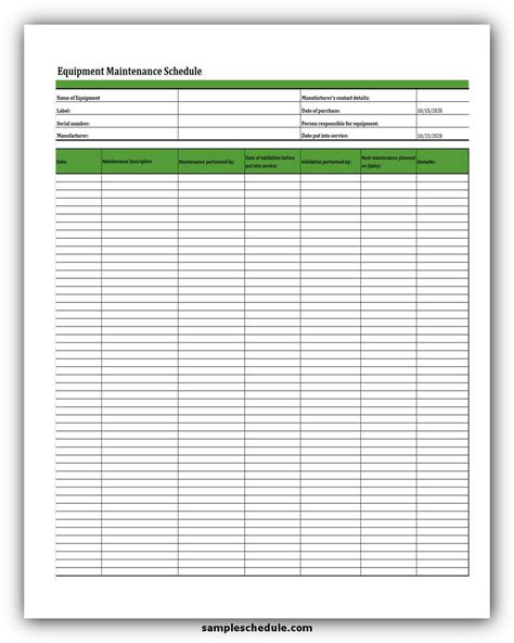 Machine Maintenance Schedule Excel Template