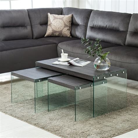 New Black walnut 3-Piece Glass Side End Table Set Coffee Table Living ...